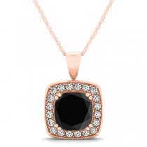 Black Diamond & Diamond Halo Cushion Pendant Necklace 14k Rose Gold (1.48ct)