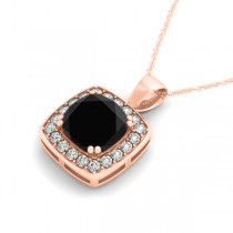 Black Diamond & Diamond Halo Cushion Pendant Necklace 14k Rose Gold (1.48ct)