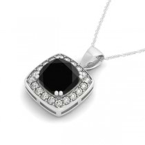 Black Diamond & Diamond Halo Cushion Pendant Necklace 14k White Gold (1.48ct)