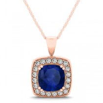 Blue Sapphire & Diamond Halo Cushion Pendant Necklace 14k Rose Gold (1.93ct)