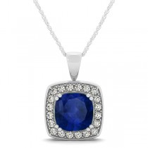 Blue Sapphire & Diamond Halo Cushion Pendant Necklace 14k White Gold (1.93ct)