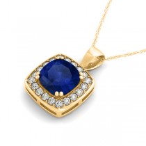 Blue Sapphire & Diamond Halo Cushion Pendant Necklace 14k Yellow Gold (1.93ct)