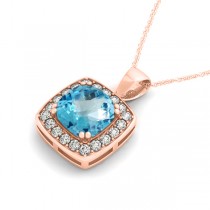 Blue Topaz & Diamond Halo Cushion Pendant Necklace 14k Rose Gold (1.95ct)