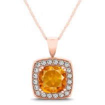 Citrine & Diamond Halo Cushion Pendant Necklace 14k Rose Gold (1.55ct)