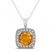 Citrine & Diamond Halo Cushion Pendant Necklace 14k White Gold (1.55ct)
