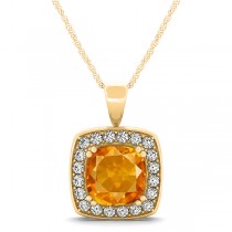 Citrine & Diamond Halo Cushion Pendant Necklace 14k Yellow Gold (1.55ct)