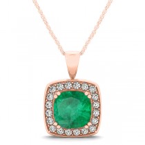 Emerald & Diamond Halo Cushion Pendant Necklace 14k Rose Gold (1.60ct)