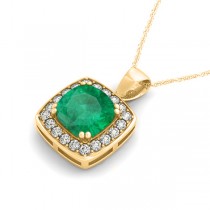Emerald & Diamond Halo Cushion Pendant Necklace 14k Yellow Gold (1.60ct)
