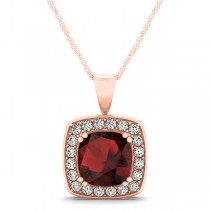 Garnet & Diamond Halo Cushion Pendant Necklace 14k Rose Gold (1.93ct)