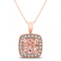 Pink Morganite & Diamond Halo Cushion Pendant Necklace 14k Rose Gold (1.95ct)