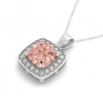 Pink Morganite & Diamond Halo Cushion Pendant Necklace 14k White Gold (1.95ct)