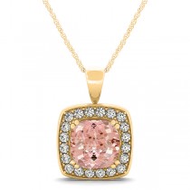 Pink Morganite & Diamond Halo Cushion Pendant Necklace 14k Yellow Gold (1.95ct)