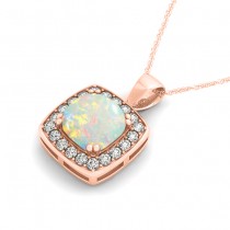 Opal & Diamond Halo Cushion Pendant Necklace 14k Rose Gold (1.54ct)