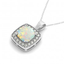 Opal & Diamond Halo Cushion Pendant Necklace 14k White Gold (1.54ct)