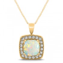 Opal & Diamond Halo Cushion Pendant Necklace 14k Yellow Gold (1.54ct)