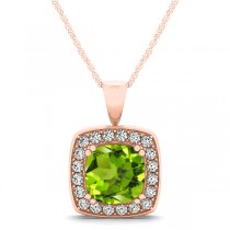 Peridot & Diamond Halo Cushion Pendant Necklace 14k Rose Gold (1.65ct)