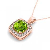 Peridot & Diamond Halo Cushion Pendant Necklace 14k Rose Gold (1.65ct)