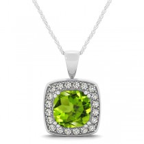 Peridot & Diamond Halo Cushion Pendant Necklace 14k White Gold (1.65ct)