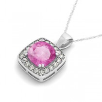 Pink Sapphire & Diamond Halo Cushion Pendant Necklace 14k White Gold (1.93ct)