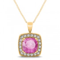 Pink Sapphire & Diamond Halo Cushion Pendant Necklace 14k Yellow Gold (1.93ct)