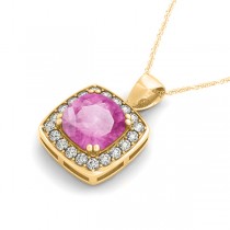Pink Sapphire & Diamond Halo Cushion Pendant Necklace 14k Yellow Gold (1.93ct)