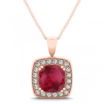Ruby & Diamond Halo Cushion Pendant Necklace 14k Rose Gold (1.93ct)