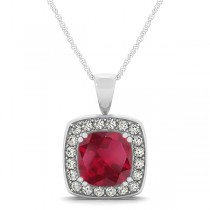 Ruby & Diamond Halo Cushion Pendant Necklace 14k White Gold (1.93ct)
