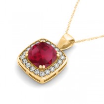 Ruby & Diamond Halo Cushion Pendant Necklace 14k Yellow Gold (1.93ct)