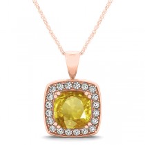 Yellow Sapphire & Diamond Halo Cushion Pendant Necklace 14k Rose Gold (1.93ct)