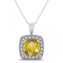 Yellow Sapphire & Diamond Halo Cushion Pendant Necklace 14k White Gold (1.93ct)