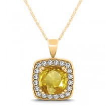 Yellow Sapphire & Diamond Halo Cushion Pendant Necklace 14k Yellow Gold (1.93ct)
