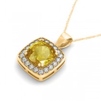 Yellow Sapphire & Diamond Halo Cushion Pendant Necklace 14k Yellow Gold (1.93ct)