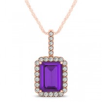 Diamond & Emerald Cut Amethyst Halo Pendant Necklace 14k Rose Gold (4.25ct)