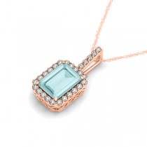 Diamond & Emerald Cut Aquamarine Halo Pendant Necklace 14k Rose Gold (3.25ct)
