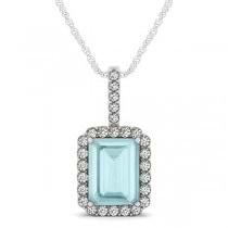 Diamond & Emerald Cut Aquamarine Halo Pendant Necklace 14k White Gold (3.25ct)