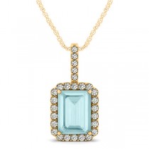 Diamond & Emerald Cut Aquamarine Halo Pendant Necklace 14k Yellow Gold (3.25ct)