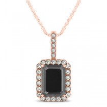 Diamond & Emerald Cut Black Diamond Halo Pendant Necklace 14k Rose Gold (4.04ct)