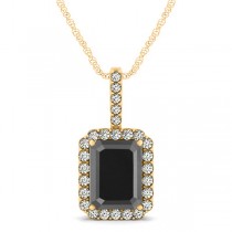 Diamond & Emerald Cut Black Diamond Halo Pendant Necklace 14k Yellow Gold (4.04ct)
