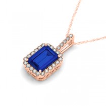 Lab Grown Diamond & Emerald Cut Blue Sapphire Halo Pendant 14k Rose Gold (4.25ct)