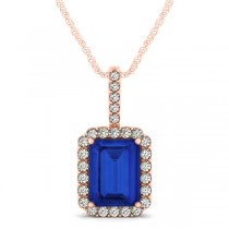 Diamond & Emerald Cut Blue Sapphire Halo Pendant Necklace 14k Rose Gold (4.25ct)