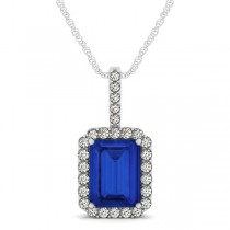 Lab Grown Diamond & Emerald Cut Blue Sapphire Halo Pendant 14k White Gold (4.25ct)