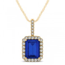 Diamond & Emerald Cut Blue Sapphire Halo Pendant Necklace 14k Yellow Gold (4.25ct)