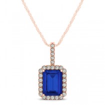 Diamond & Emerald Cut Blue Sapphire Halo Pendant Necklace 14k Rose Gold (1.34ct)