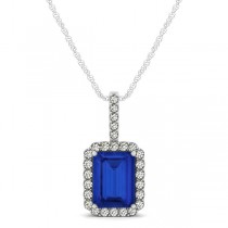 Diamond & Emerald Cut Blue Sapphire Halo Pendant Necklace 14k White Gold (1.34ct)