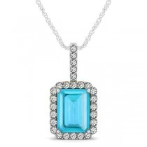 Diamond & Emerald Cut Blue Topaz Halo Pendant Necklace 14k White Gold (4.25ct)