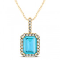 Diamond & Emerald Cut Blue Topaz Halo Pendant Necklace 14k Yellow Gold (4.25ct)