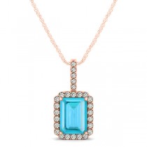 Diamond & Emerald Cut Blue Topaz Halo Pendant Necklace 14k Rose Gold (1.44ct)