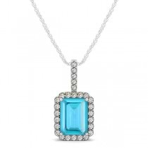 Diamond & Emerald Cut Blue Topaz Halo Pendant Necklace 14k White Gold (1.44ct)