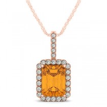 Diamond & Emerald Cut Citrine Halo Pendant Necklace 14k Rose Gold (4.25ct)