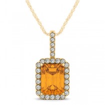 Diamond & Emerald Cut Citrine Halo Pendant Necklace 14k Yellow Gold (4.25ct)